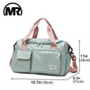 A light mint green waterproof travel duffle bag with a separate shoe compartment and pink straps.