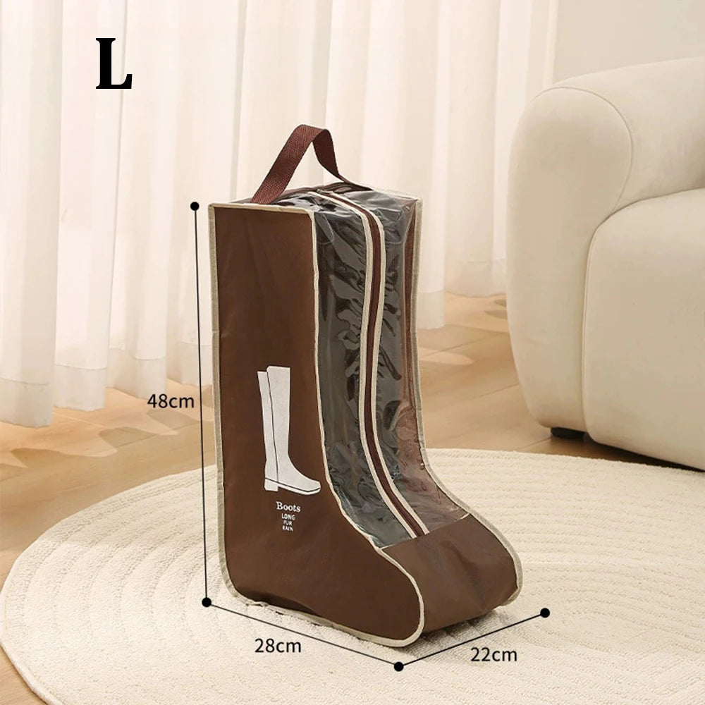 Brown tall boot storage bags with a leather strap displayed on a round rug.