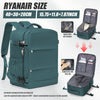 A teal vacuum compression backpack shown with various storage features and dimensions.