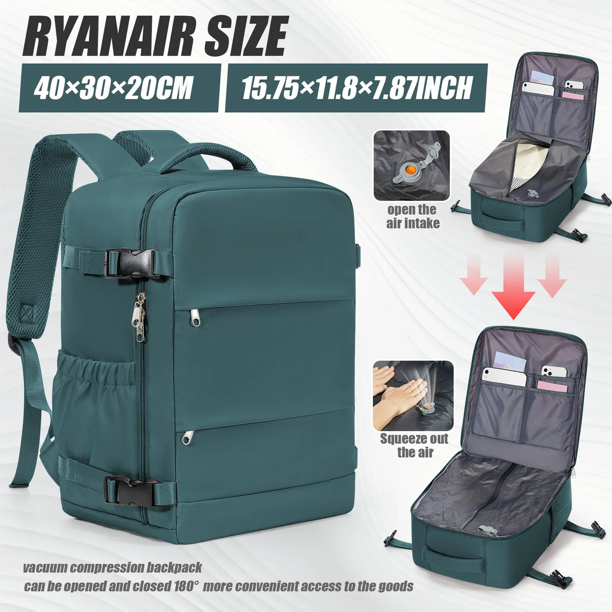 A teal vacuum compression backpack shown with various storage features and dimensions.