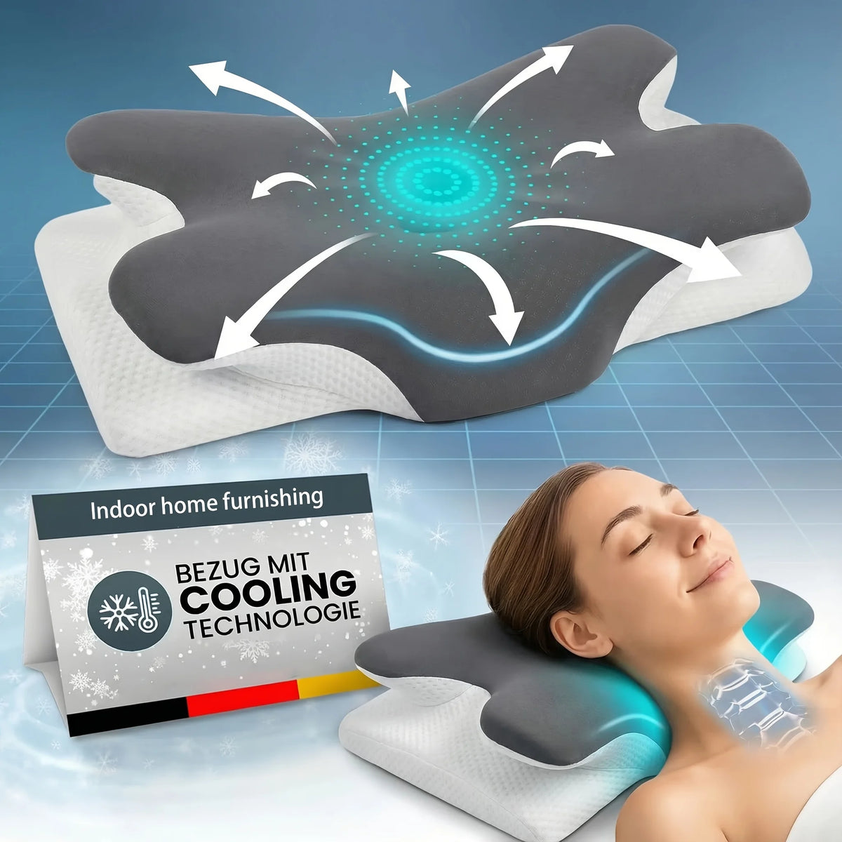 Ergonomische Memory-Foam-Nackenkissen zur Schlafhilfe mit Kühltechnologie.