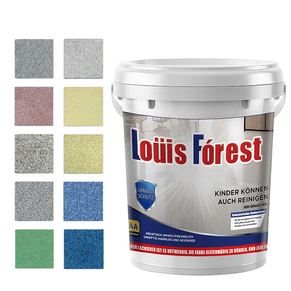 A white paint can labeled Louis Forest for children, showing various colored samples.