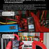 A digital clamp meter is shown measuring voltage, with a red-gloved hand holding the device near electrical wiring.
