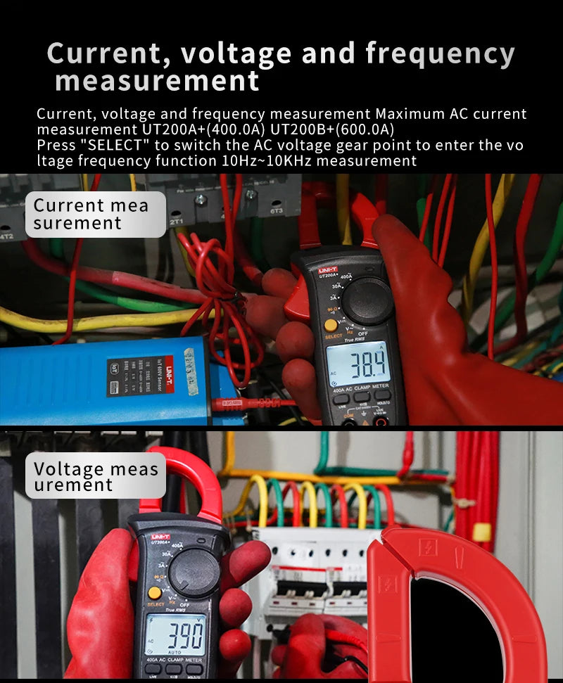 A digital clamp meter is shown measuring voltage, with a red-gloved hand holding the device near electrical wiring.
