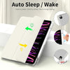 A clear protective case for an iPad featuring auto sleep/wake functionality and a built-in pencil holder.