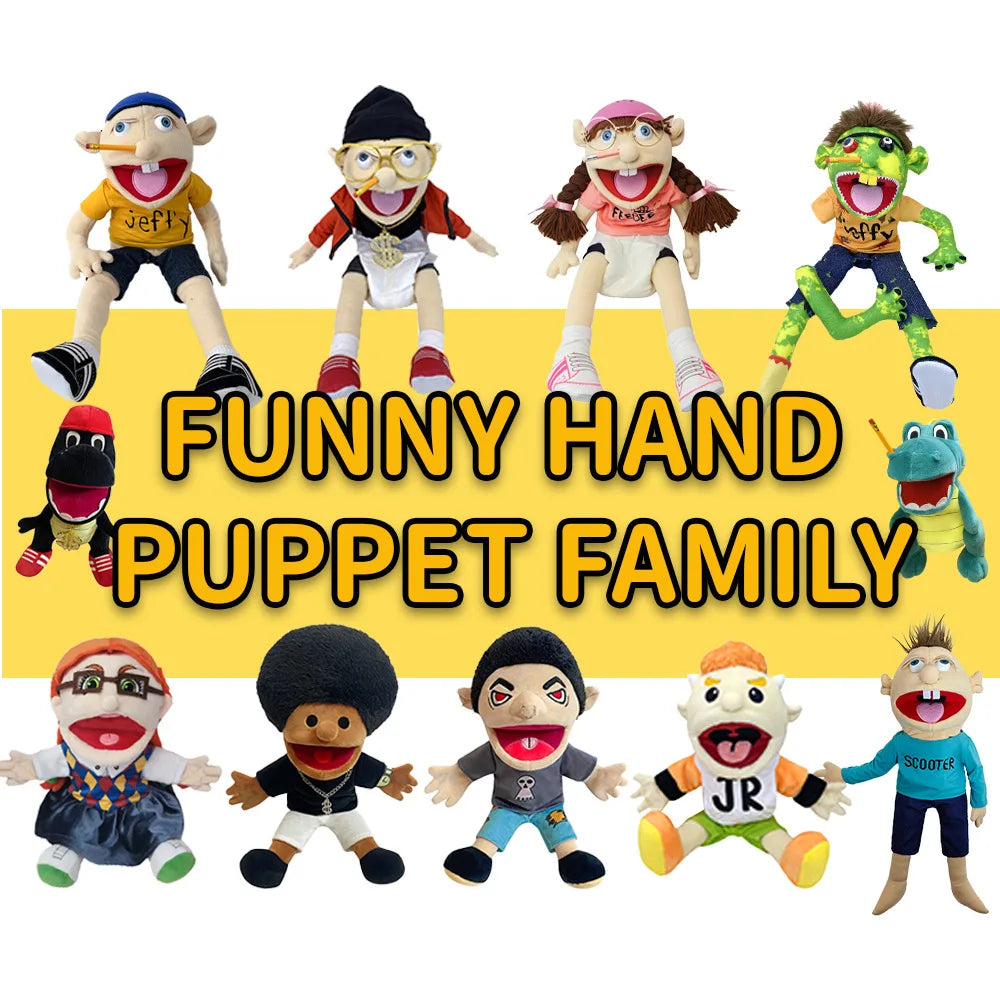 A family of funny hand puppets including Jeffy, a zombie boy, and other characters.