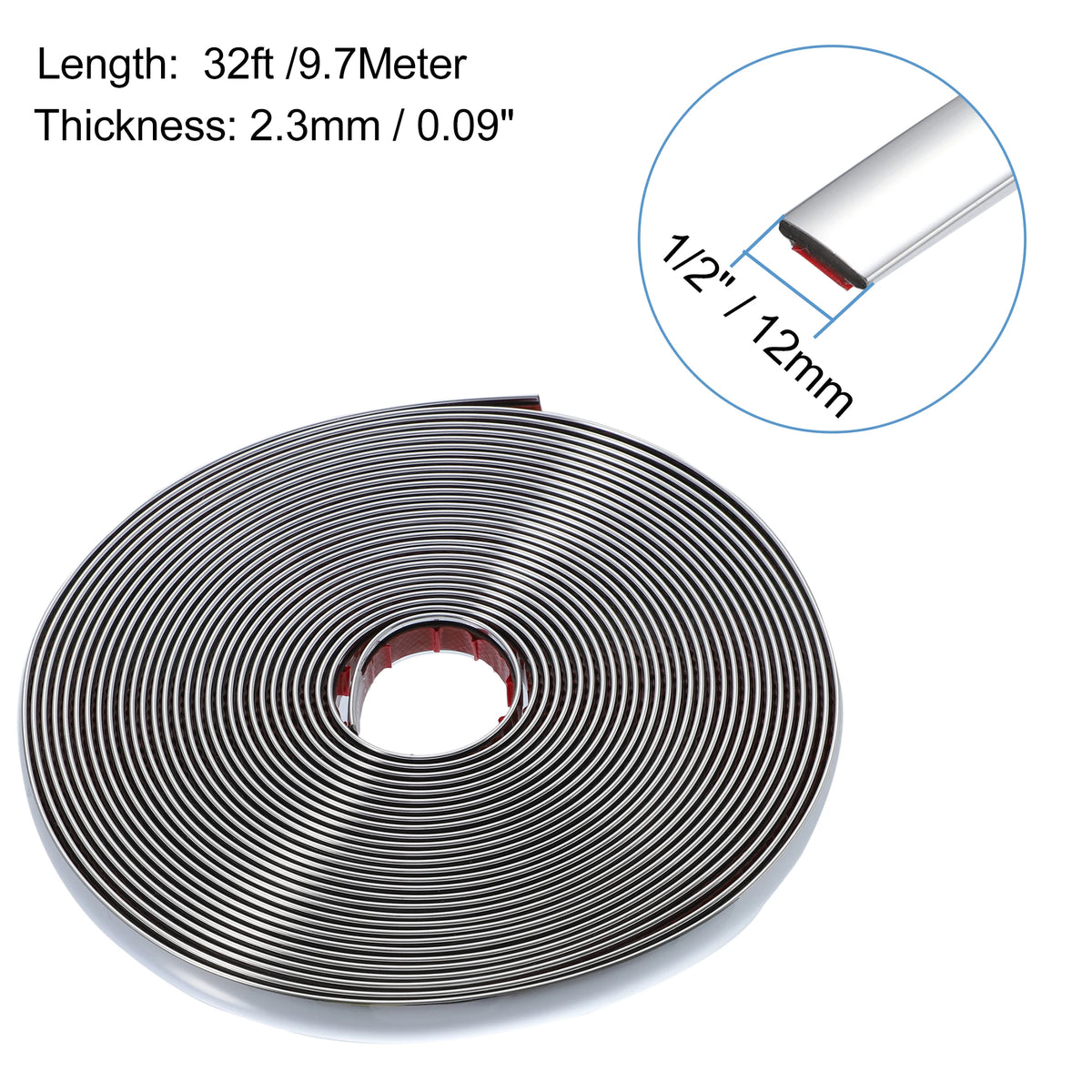 Roll of chrome car door edge guard trim strip with dimensions 32ft long and 2.3mm thick