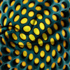 Teal and black geometric bedding featuring a pattern of yellow and black circles.