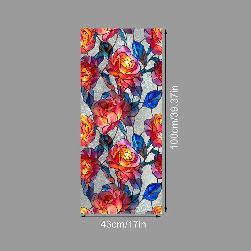 Floral stained glass window film featuring vibrant red, orange, and blue roses and leaves on a gray background