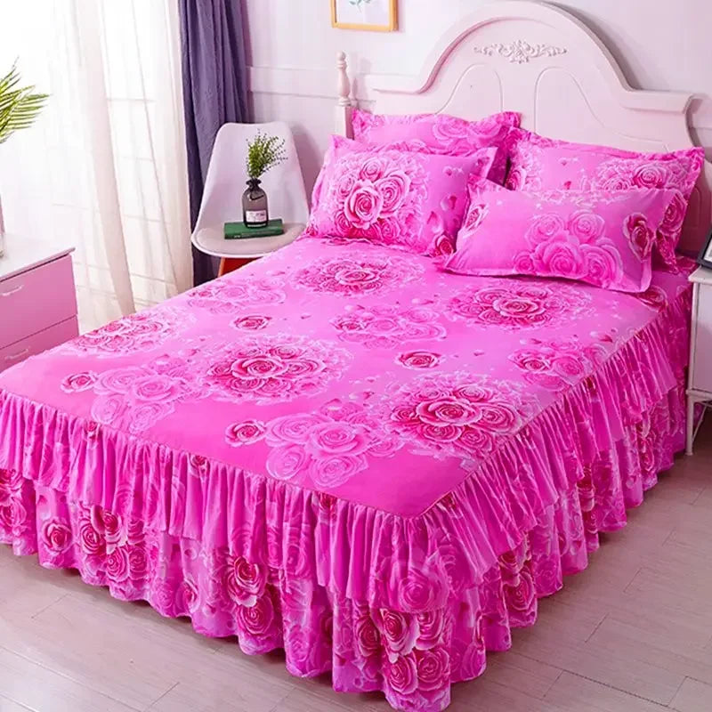 Elegant Elastic Fitted Bed Sheet Set with Lace Skirt and Pillowcases