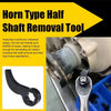 A horn type half shaft removal tool is shown next to a control arm component.