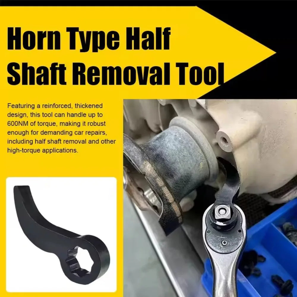 A horn type half shaft removal tool is shown next to a control arm component.