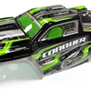 A black and lime green high-speed RC car receiver parts kit with aerodynamic body design.