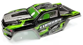 A black and lime green high-speed RC car receiver parts kit with aerodynamic body design.