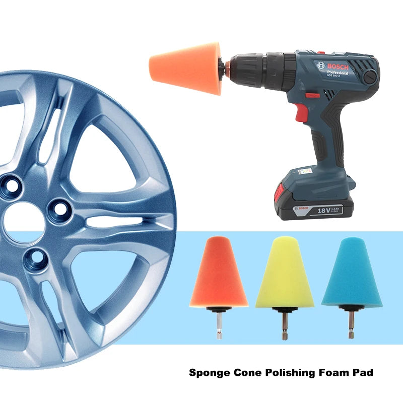 A Bosch detailing tool with an orange cone polishing foam pad and several colored conical sponges for automotive use.