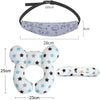 A white and gray baby head and neck support pillow with a safety strap and various sizes shown.
