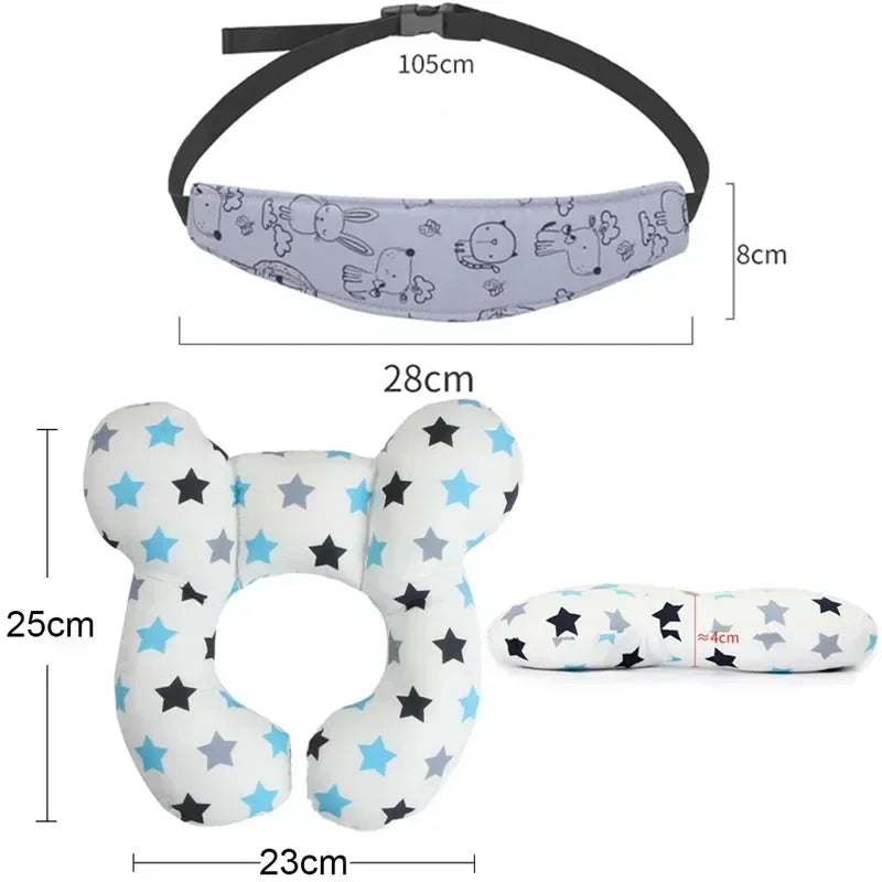 A white and gray baby head and neck support pillow with a safety strap and various sizes shown.