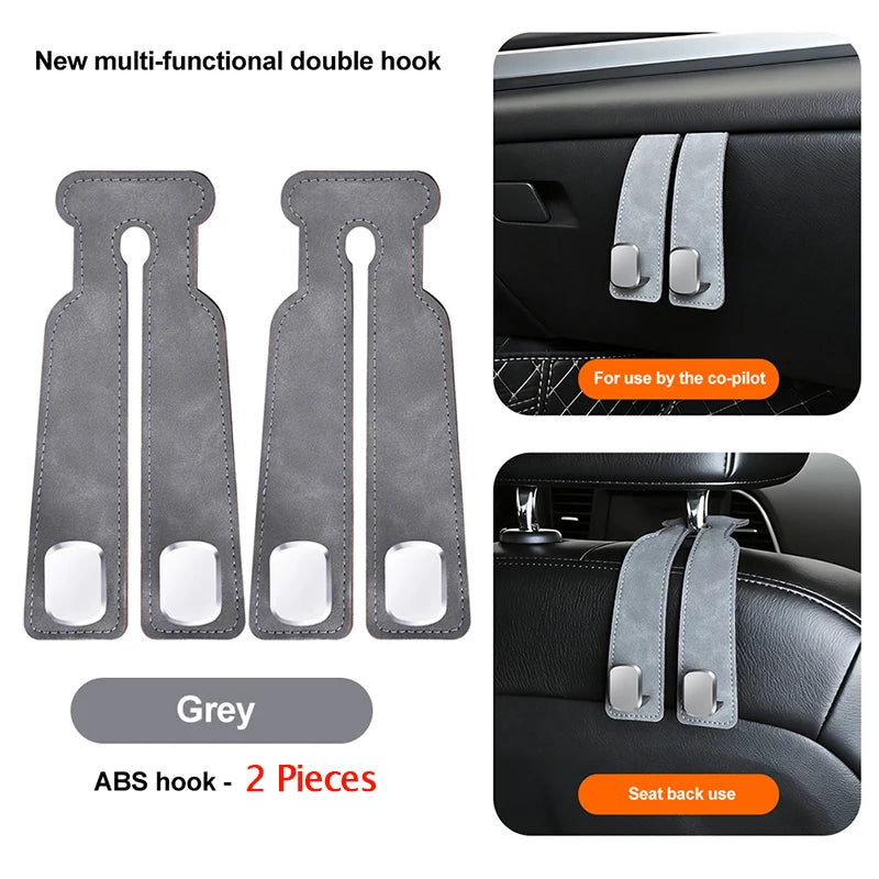 Grey ABS double hook set for car seat back use with a suede finish