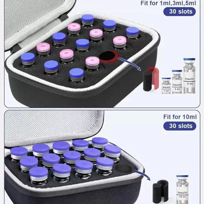Portable insulin and peptide vial storage case showing various sized insulin vials organized in 30 slots.