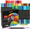 A set of dual-tip acrylic paint markers in various colors packaged in a box, displayed next to an artist's palette.