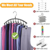 A hanger with ten clips used to organize pants for closet storage.
