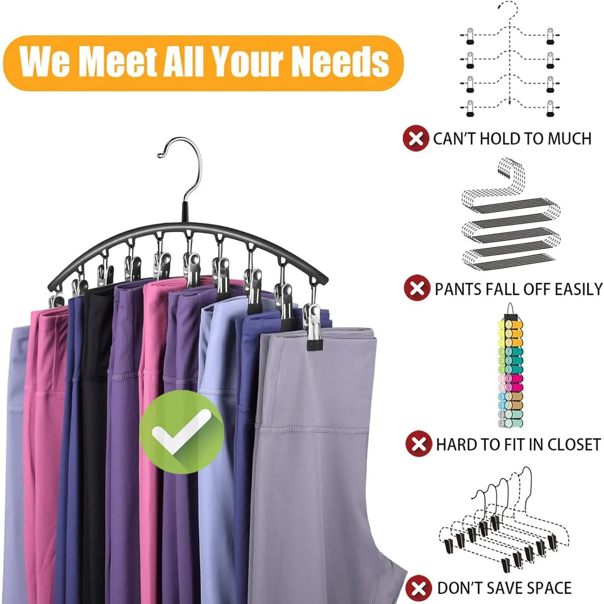 A hanger with ten clips used to organize pants for closet storage.
