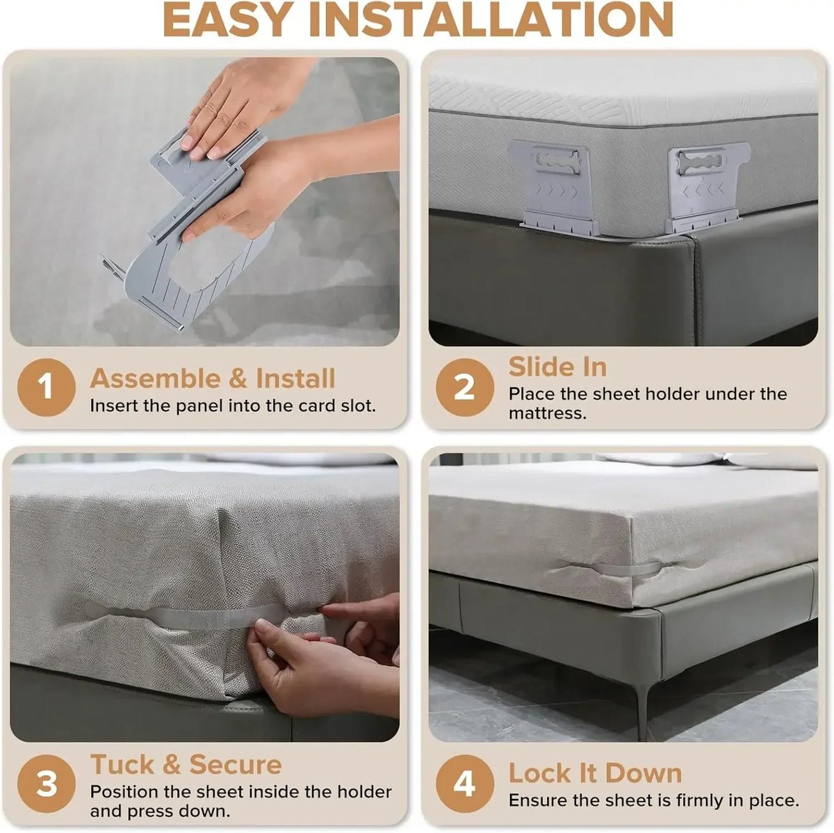 Instructions for assembling and installing adjustable bed sheet corner holders to secure a sheet on a mattress.