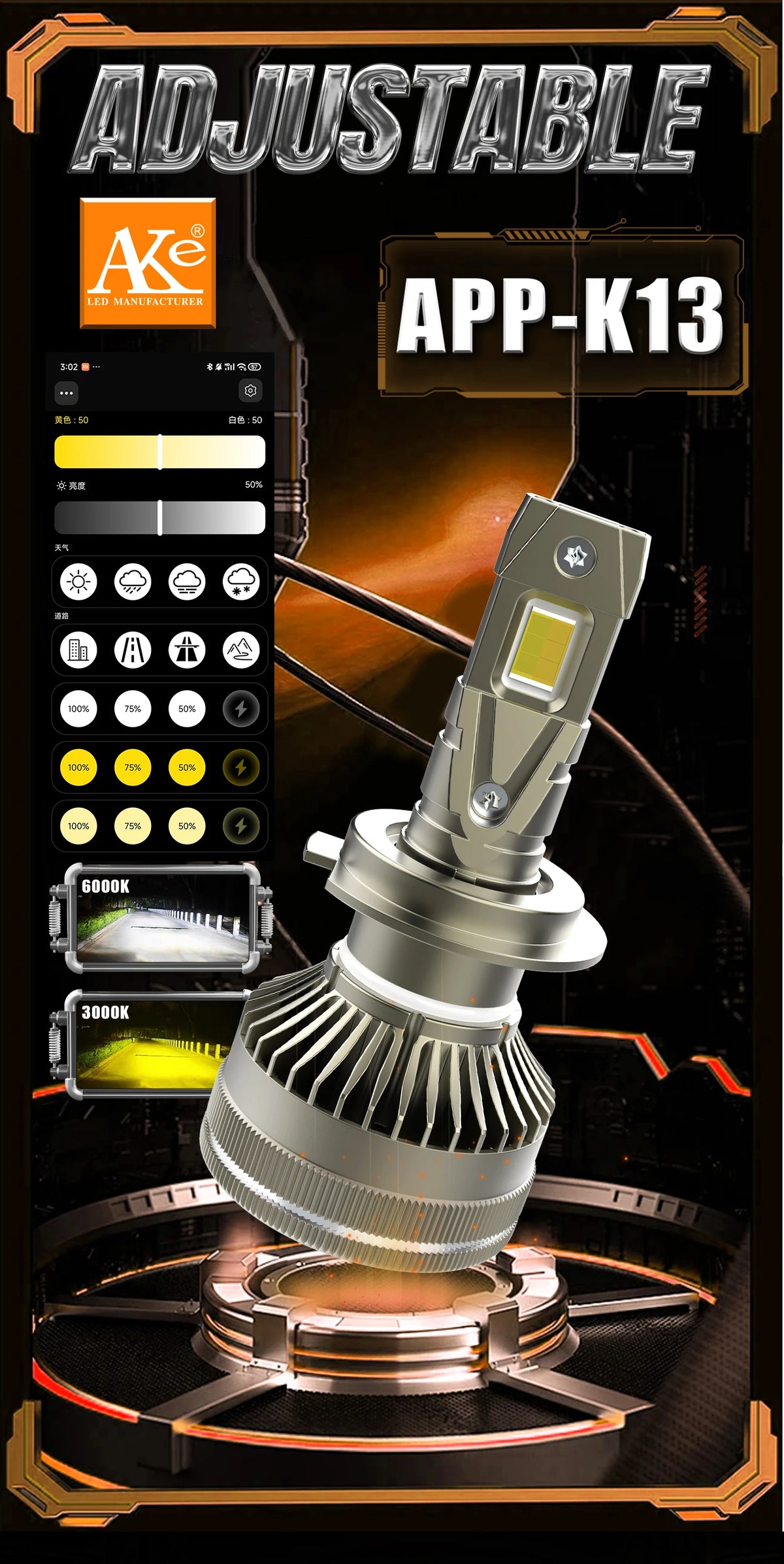Smart App Control LED Headlight Bulbs with Triple Color Modes
