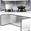 Foldable stainless steel splatter guard for stovetop showing a frying pan and pot on a burner.