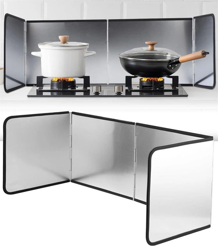 Foldable stainless steel splatter guard for stovetop showing a frying pan and pot on a burner.