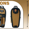 A brown and black technician tool pouch with a quick-release belt clip shown in multiple views and dimensions.