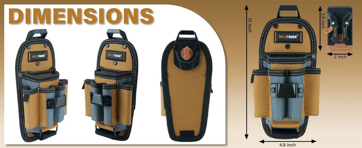 A brown and black technician tool pouch with a quick-release belt clip shown in multiple views and dimensions.