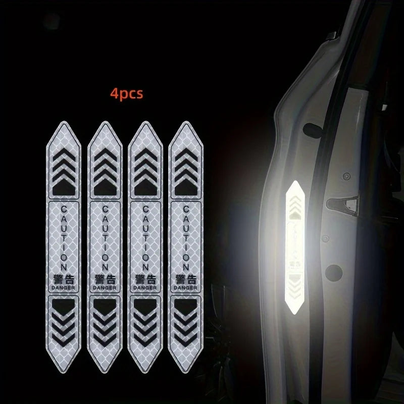 Four reflective warning stickers for car doors, featuring caution and danger symbols.