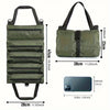 Olive green roll-up multi-pocket tool organizer bag with strap and dimensions.