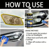 A bottle of headlight restoration spray is shown next to a car headlight, demonstrating how to use the product.
