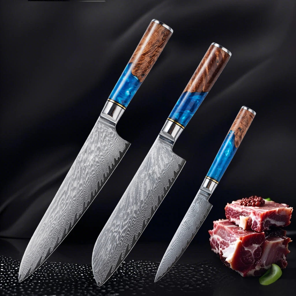 A set of Damascus steel chef's knives with wooden handles and raw meat visible on a dark background.