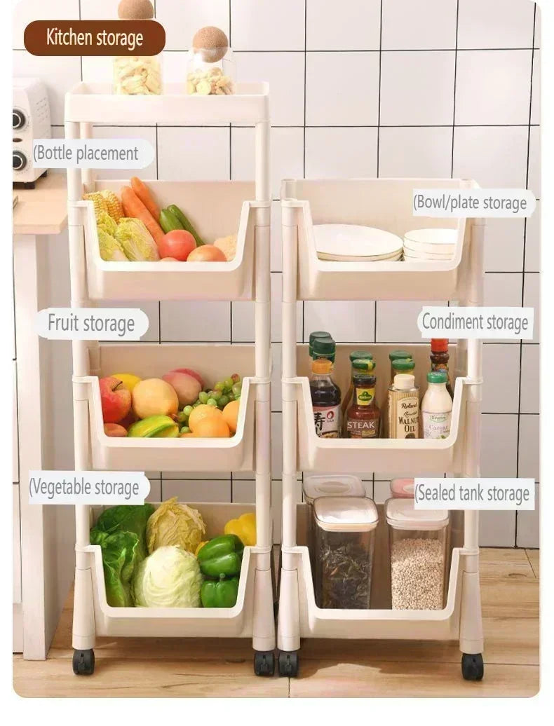 A white 2-5 tier rolling storage cart with locking wheels displaying various compartments for storing bottles, fruits, vegeta