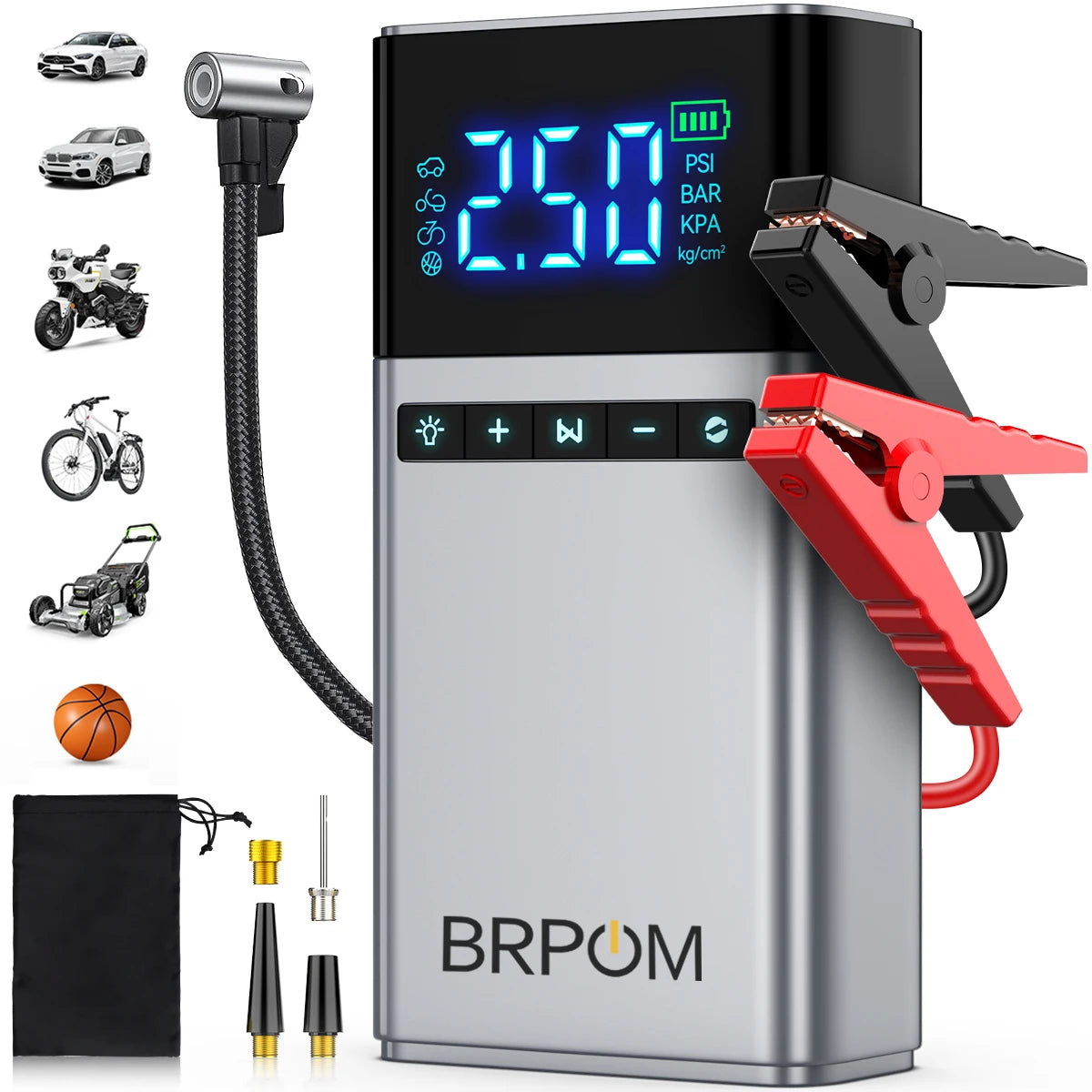 A silver portable car jump starter device with an LED display, air compressor, and red jump cables.