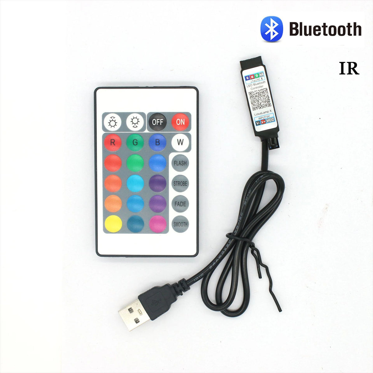 USB Bluetooth RGB LED strip controller with an IR remote and cable