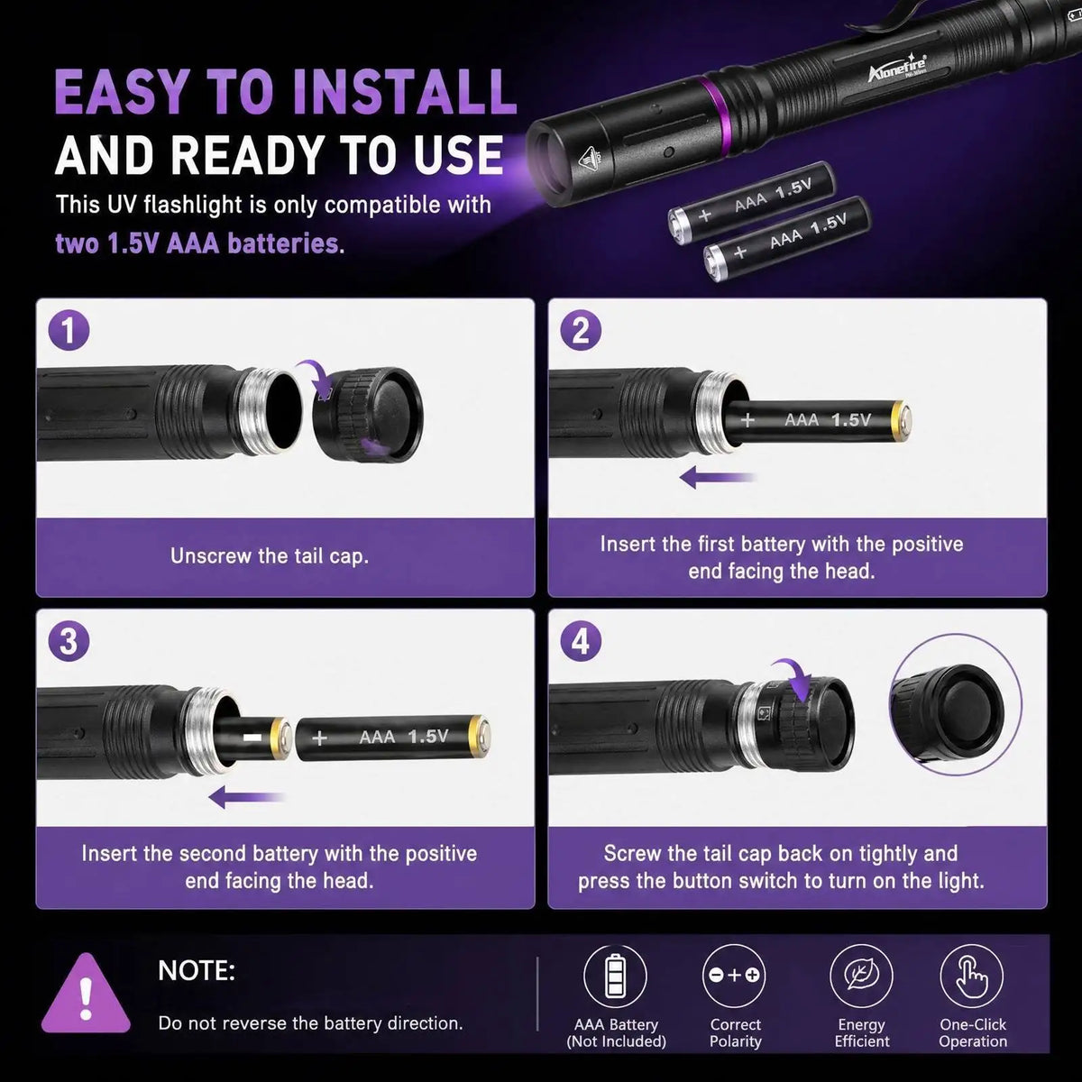Instructions show how to install a mini UV flashlight using two 1.5V AAA batteries.