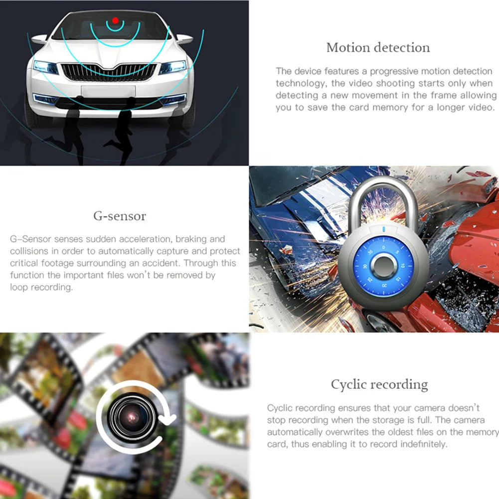 Features of a dash cam including motion detection, G-sensor protection, and cyclic recording for continuous video capture.