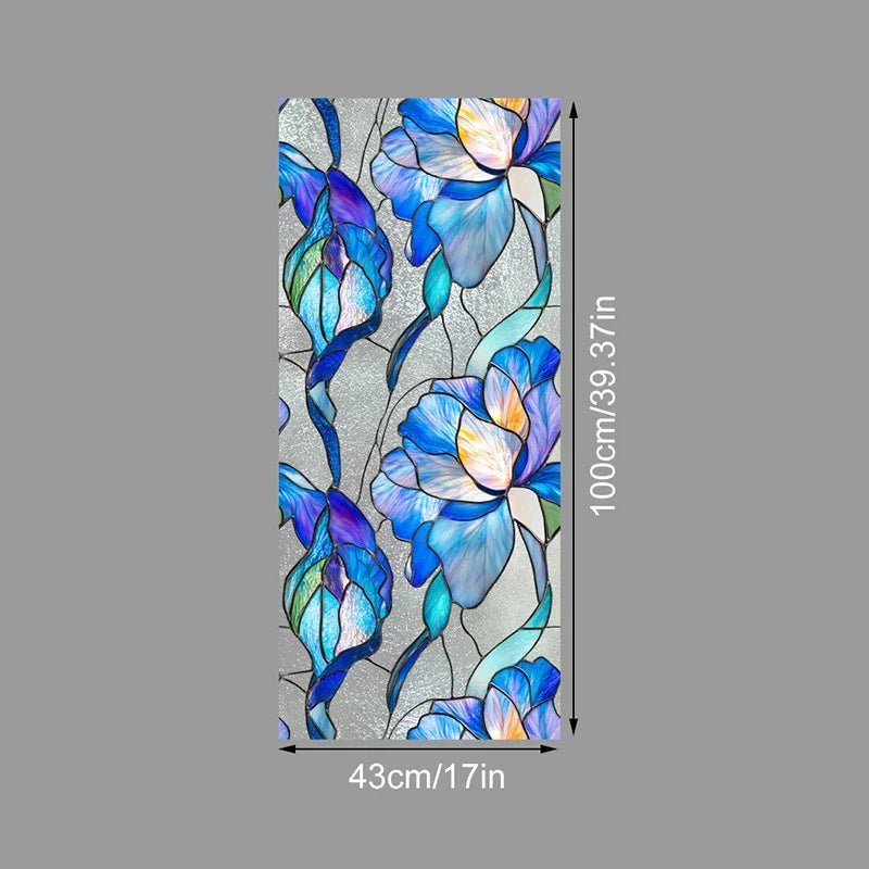 Vertical sheet of floral stained glass window film featuring blue and purple flowers on a gray background