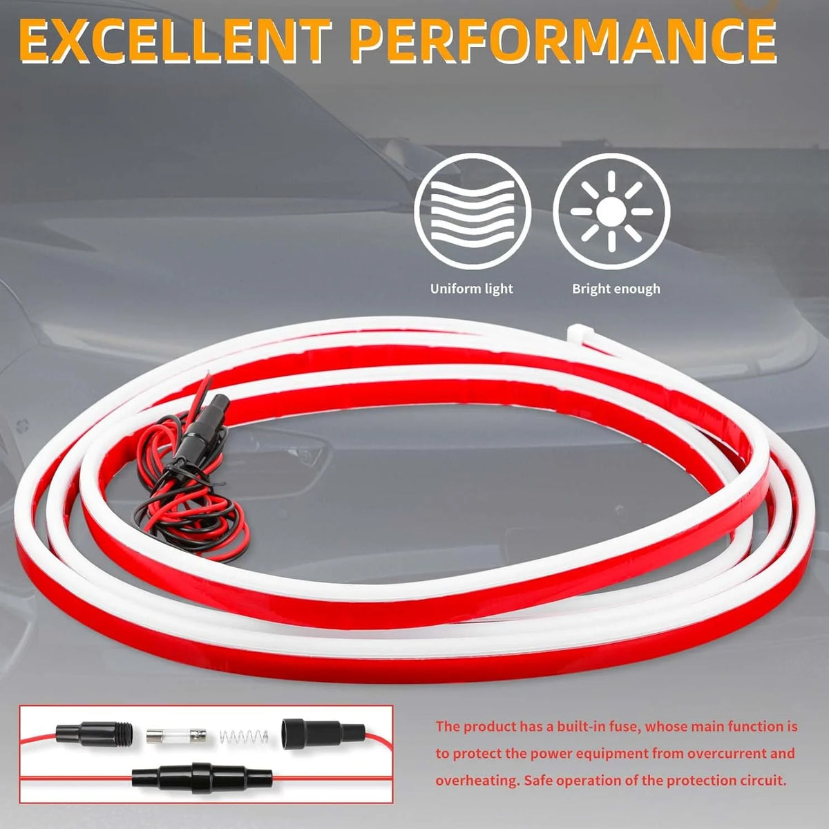Red and white flexible LED strip light coiled on a car hood, designed for exterior accent lighting.