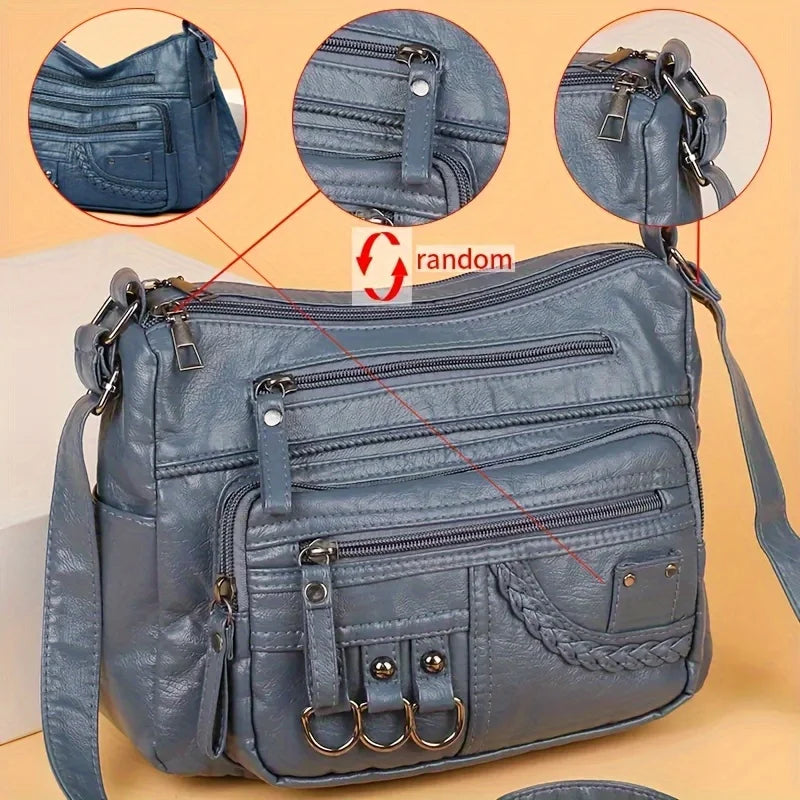 A gray leather vintage PU crossbody bag shown with close-up details of the zipper and pockets.