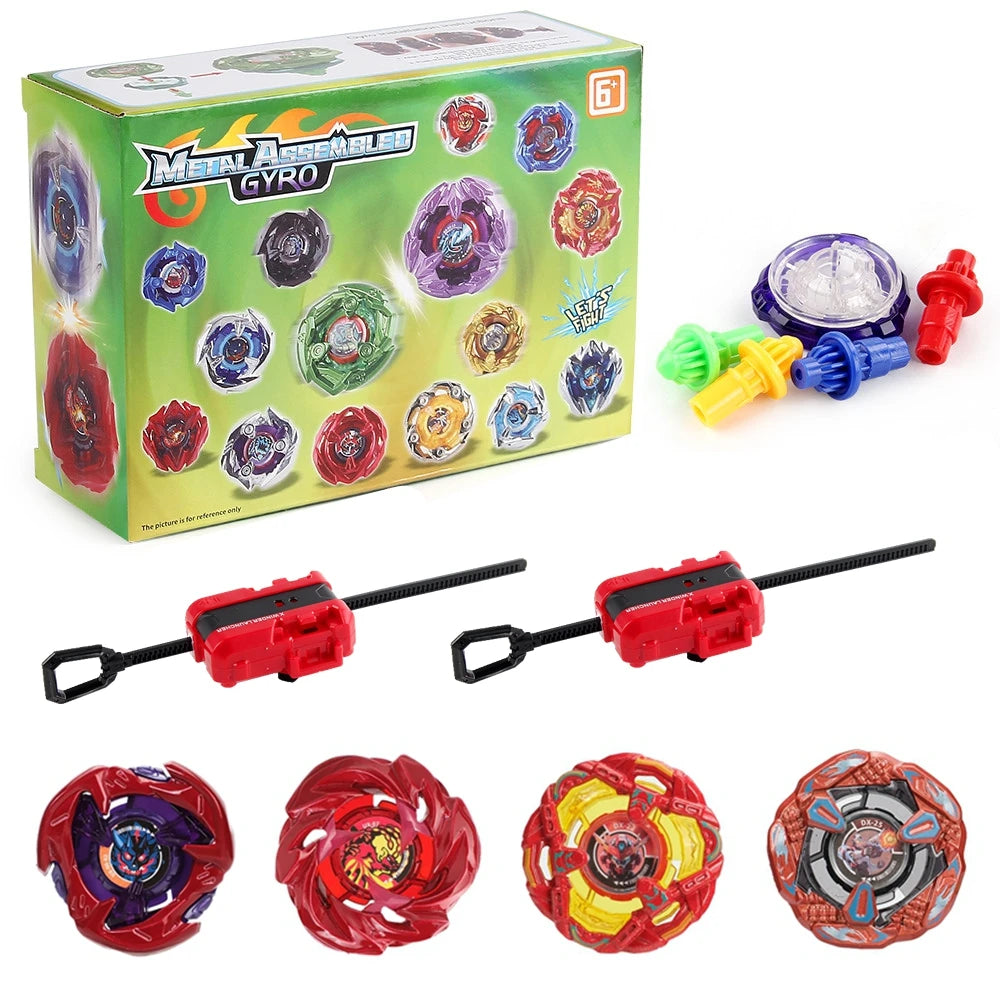 Metal Assemble Gyro spinning top battle set with launchers and various colored tops