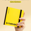 A hand holds a yellow marker sketchbook titled S*TARIVER, featuring the text No pen marks, no lint.