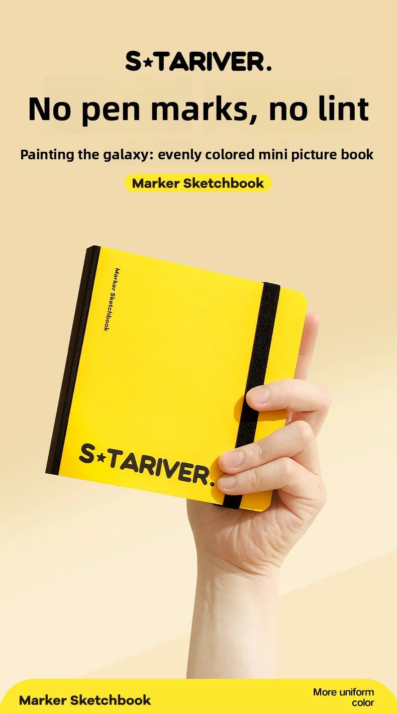 A hand holds a yellow marker sketchbook titled S*TARIVER, featuring the text No pen marks, no lint.