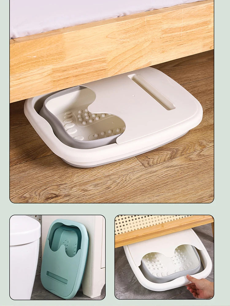 Un cubo de baño y spa plegable de color gris claro, colocado sobre una superficie de madera, con un primer plano del producto