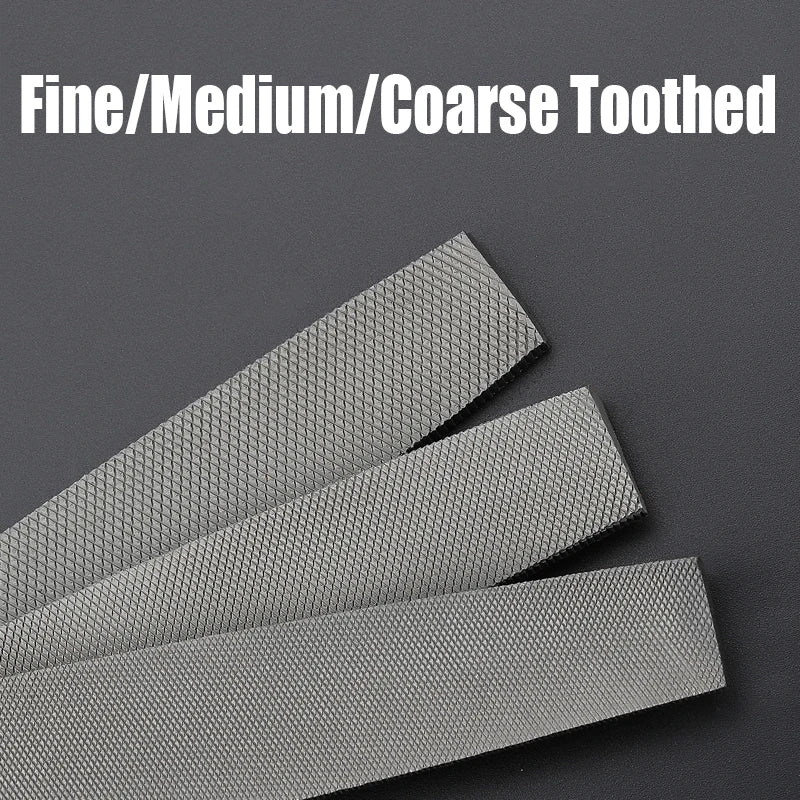 Close-up view of three flat files with varying tooth sizes: fine, medium, and coarse toothed.
