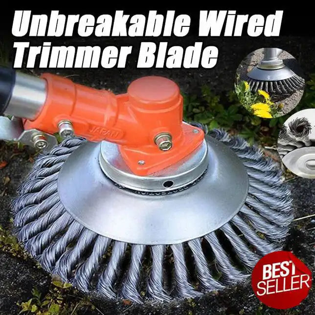 An orange and silver trimmer blade with a wire wheel brush is shown on a dark surface.